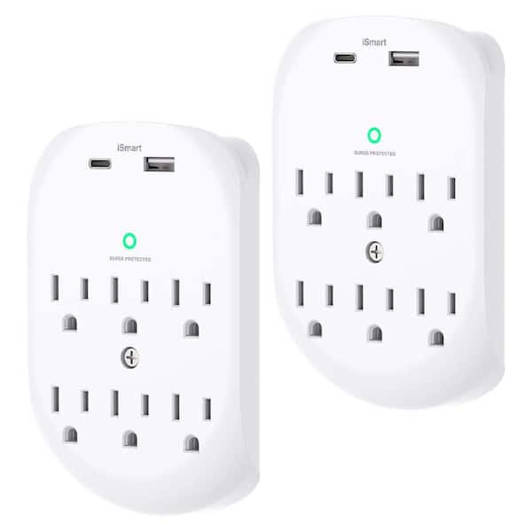 2 Pack 6-Outlet Multi Plug Wall Adapter with 2 USB-A Ports 1 USB-C Port Surge Protector for Home Office Dorm Room