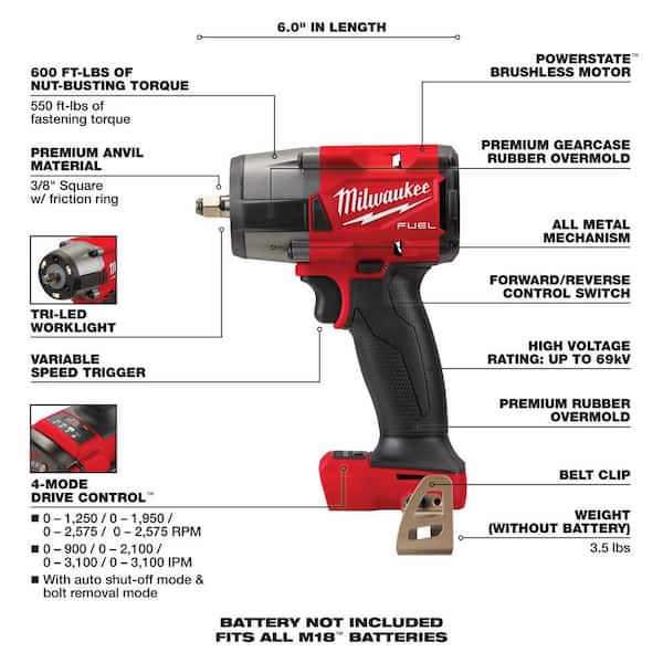 Milwaukee M18 FUEL GEN-2 18V Lithium-Ion Mid Torque Brushless Cordless 3/8 in. Impact Wrench with Friction Ring (Tool-Only)