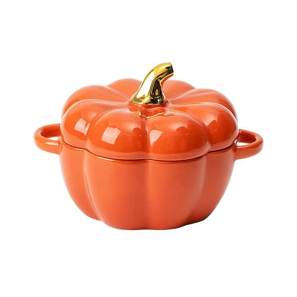 Pumpkin Stock Pot with Lid, 2.5 qt. Capacity, Orange Porcelain Glaze, Ceramic Material, Dutch Oven for Baking