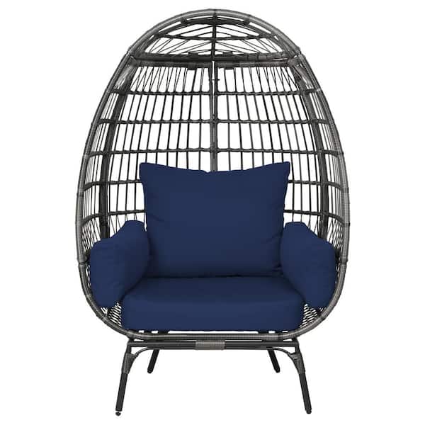 PATIOGUARDER Pato Beige Wicker Egg Chair with Removable Soft Navy Blue Cushion