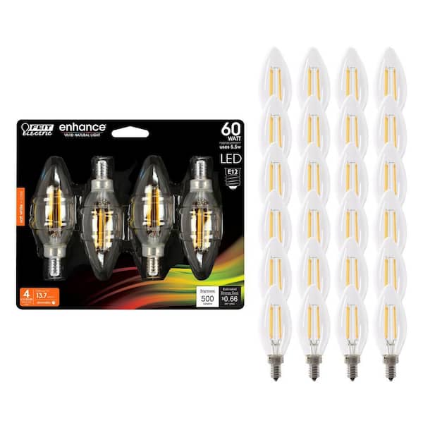 60W Equivalent B10 E12 Candelabra Dimmable Filament CEC Clear Glass Chandelier LED Light Bulb Soft White 2700K (24-Pack)