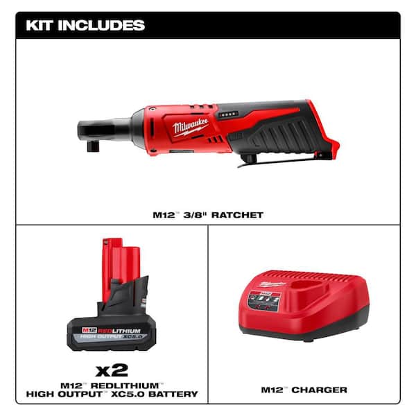 M12 12V Lithium-Ion 3/8 in. Cordless Ratchet with M12 5.0 Ah Battery (2-Pack) Starter Kit