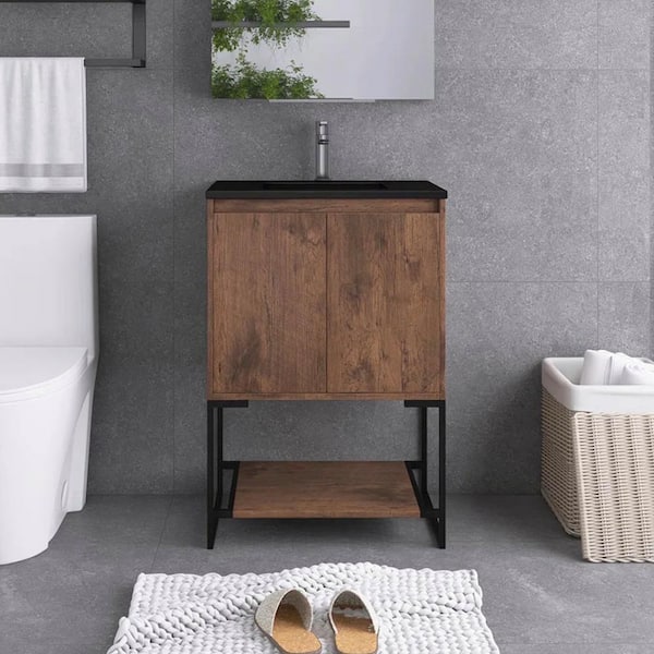 Boosicavelly 24 In. W X 19 In. D X 34 In. H Single Sink Freestanding Bath Vanity in Rose Wood With Black Resin Top