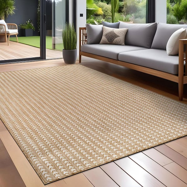 Arrow Natural 8 ft. x 10 ft. Chevron Striped Washable Indoor Outdoor Area Rug