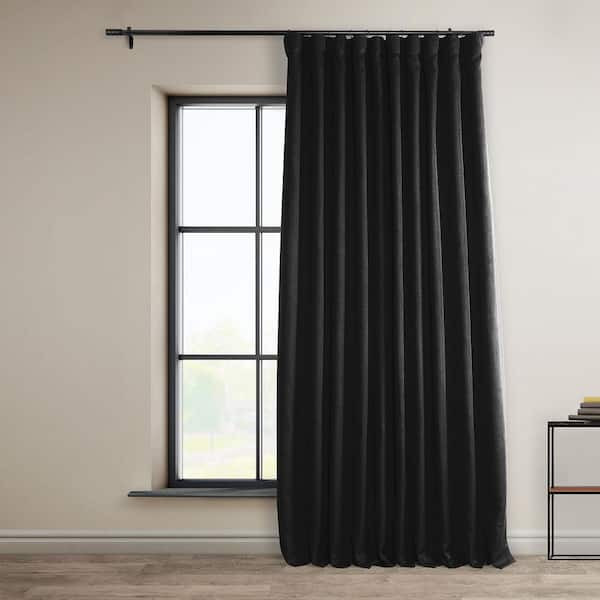 Essential Black Extra Wide Textured Faux Linen 100 in. W x 120 in. L Rod Pocket Room Darkening Curtain (Single Panel)