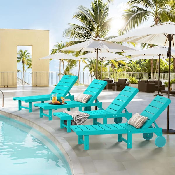 LUE BONA Heli Recycled Aruba Blue HDPS Patio Lounge Chair Plastic Stackable Outdoor Chaise Lounge Chair with Wheel Set of 4
