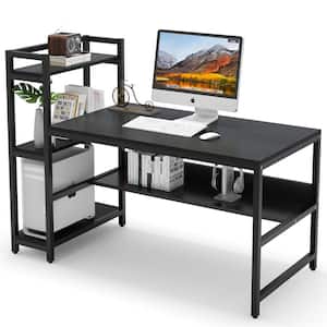 Havrvin 60 in. Retangular Black Wood Computer Desk with 4-Tier Storage Shelves, Modern Large Home Office Desk