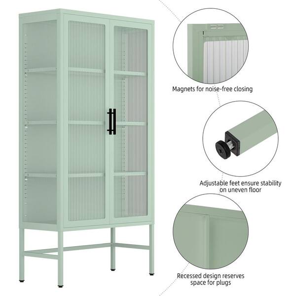 Unbranded 31.5 in. W x 12.6 in. D x 61 in. H Mint Green Metal Linen Cabinet with Glass Doors and Adjustable Shelves