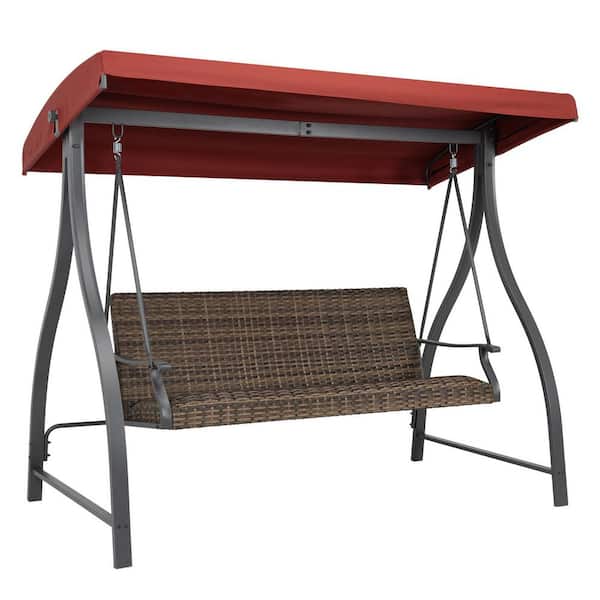3-Seat Metal Patio Swing with Plastic Rattan Wicker Cushions and Red Adjustable Canopy