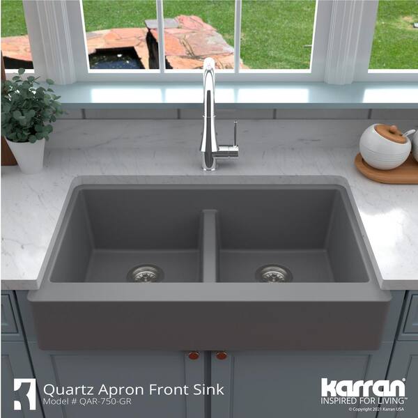 Karran Retrofit Farmhouse A Front Quartz Composite 34 In Double Bowl Kitchen Sink Grey Qar 750 Gr The Home Depot Karran Retrofit Farmhouse A Front, Double Bowl Farm Sink
