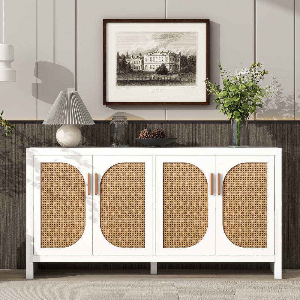 59.1 in. W x 13.8 in. D x 30 in. H White Wood Linen Cabinet with PE Rattan 