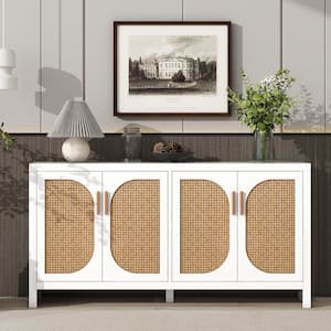 59.1 in. W x 13.8 in. D x 30 in. H White Wood Linen Cabinet with PE Rattan Doors and Adjustable Shelves