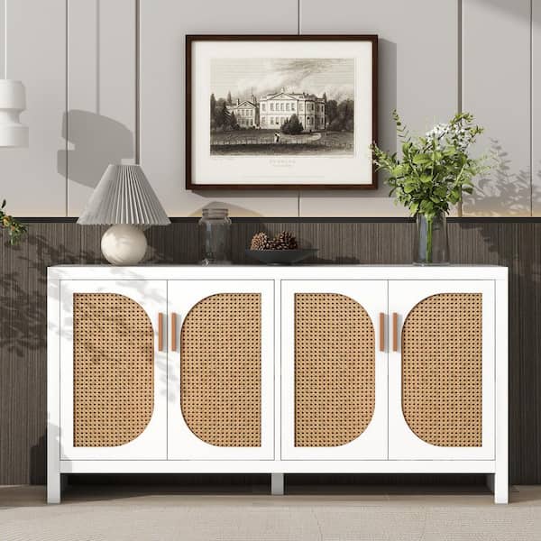 Unbranded 59.1 in. W x 13.8 in. D x 30 in. H White Wood Linen Cabinet with PE Rattan Doors and Adjustable Shelves