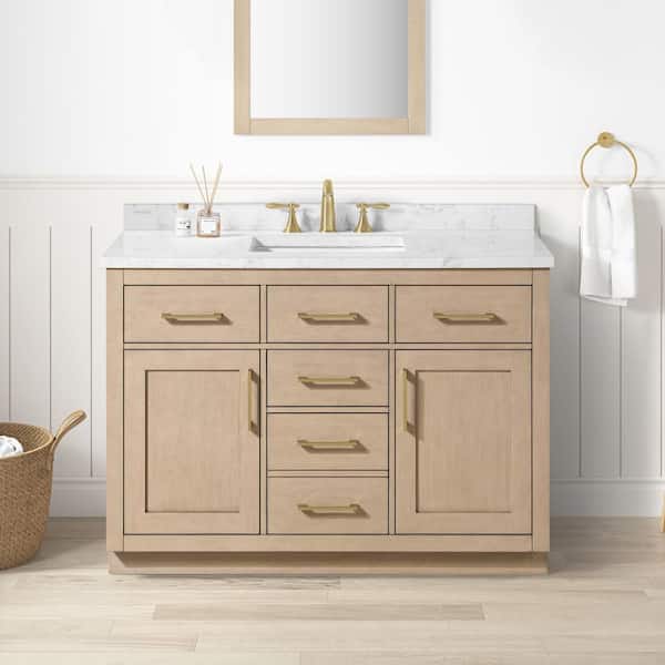 Athea 48 in. Freestanding Sahara Birch Bath Vanity with White Engineered Marble Top, Power Bar and Brushed Gold Hardware