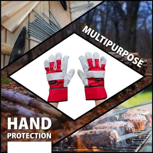 BISON LIFE Gray/Red, Deluxe Single Palm Split Leather Work Gloves
