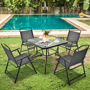 5Piece Metal Patio Dining Set for 4 with Umbrella Hole, Tempered Glass