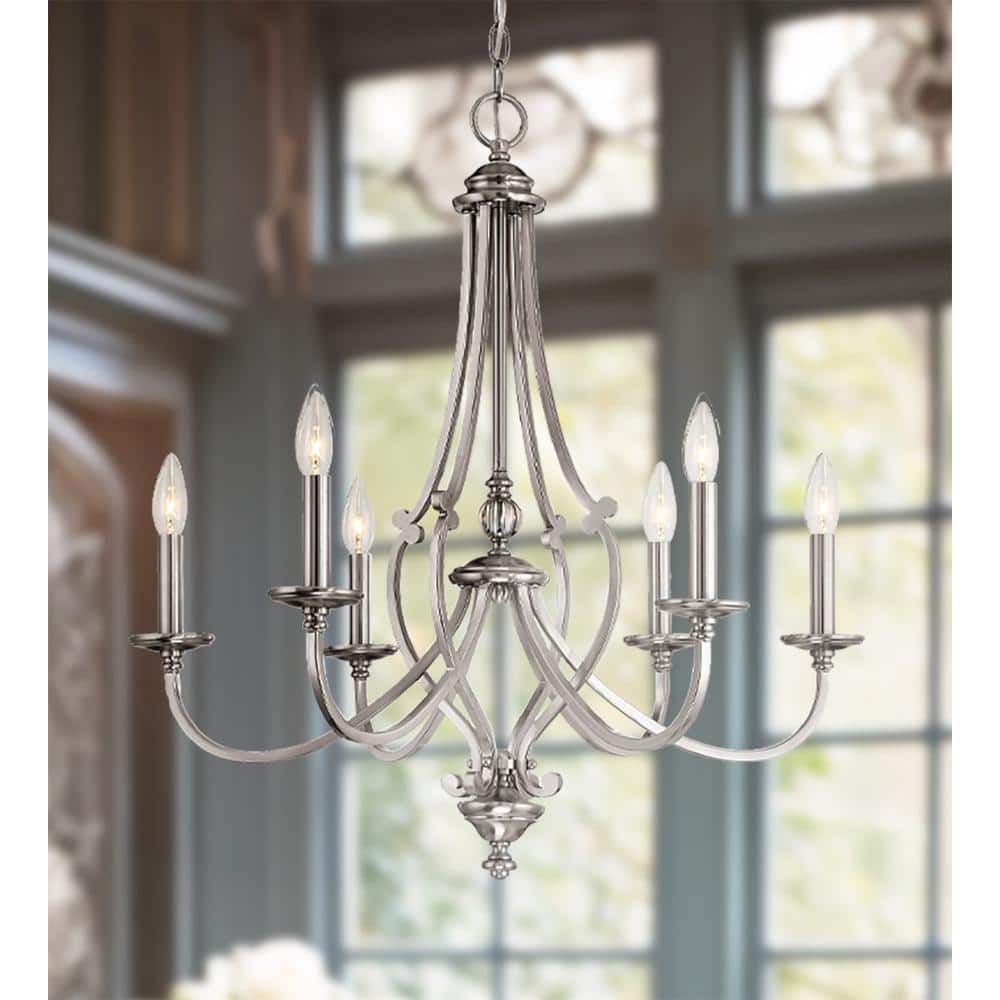 Elegant Brushed Nickel 6-Light Chandelier with Crystal Accents