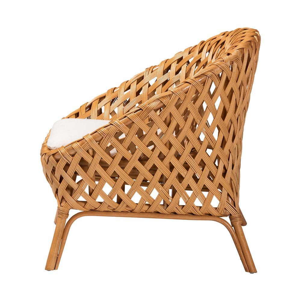 Handcrafted Natural Rattan Bohemian Accent Chair with White Cushion