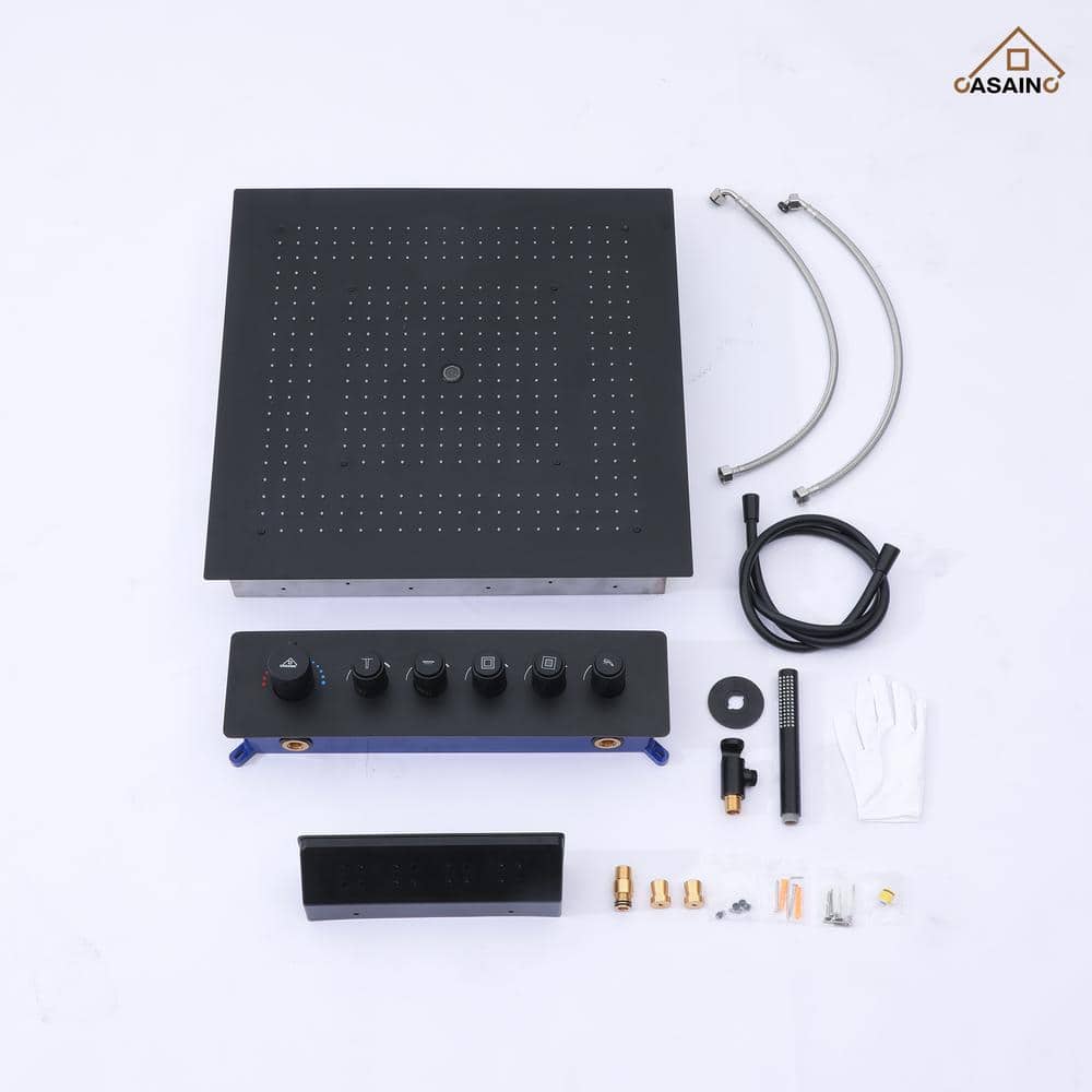 Matte Black Thermostatic Shower System with Rainfall and Jet Functions