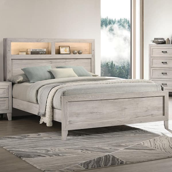 Jasper White Wood Frame King Panel Bed with Headboard Shelves and LED Lights