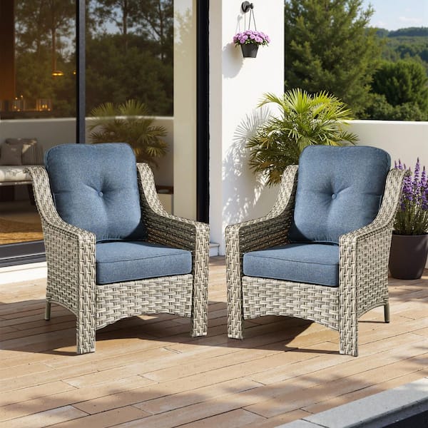 Ergonomic Arm 2-Piece Gray Wicker Outdoor Lounge Single Chair Patio Dining Chairs with Denim Blue for Backyard
