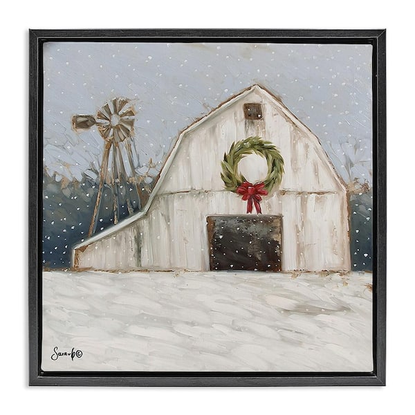 Stupell Industries Winter Barn with Snowflakes by Sara G. Designs 1-Piece Floater Frame Graphic Print Nature Art Print 25 in. x 25 in.