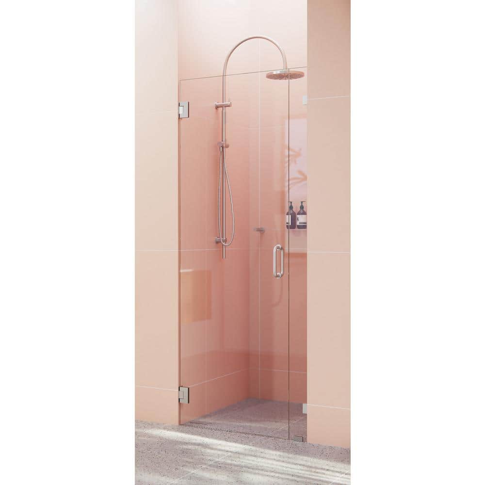 Illume Frameless Clear Glass Shower Door with Brushed Nickel Hardware