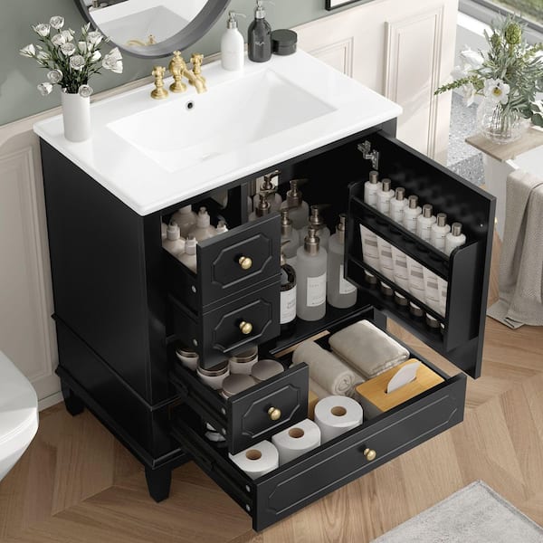 30 in. Single Sink Solid Wood Frame Freestanding Black Bath Vanity with White Ceramic Top, Unassembled, Soft Close
