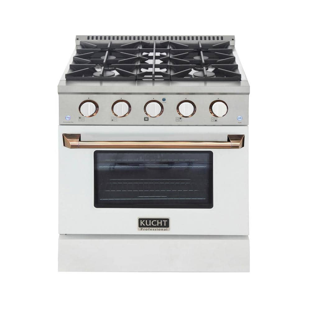 30 in. 4.2 cu. ft. Dual Fuel Range with Gas Stove and Electric Oven with Convection Oven in White and Gold -  Kucht, KDF302-W-GOLD