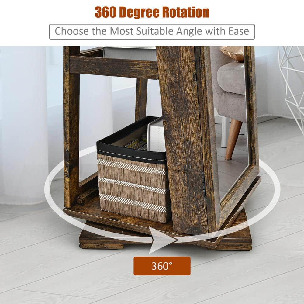 Coffee Rustic Rotatable Lockable Mirrored Jewelry Cabinet
