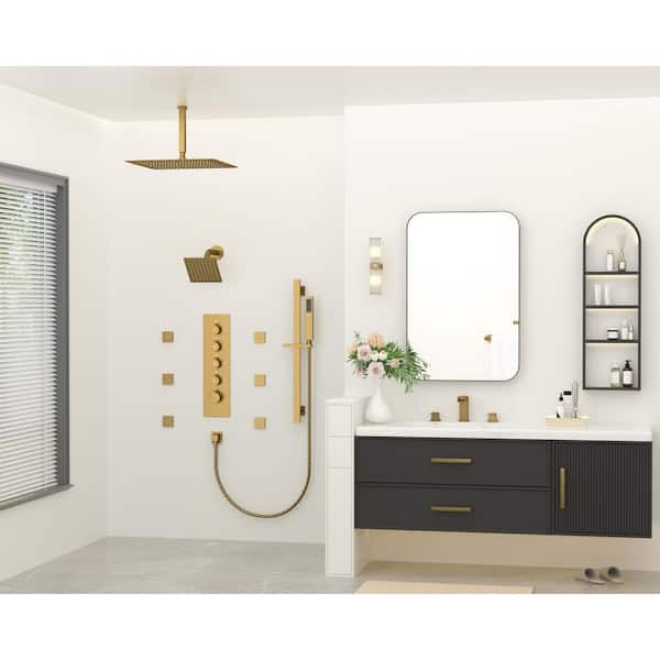 Thermostatic 5 Handles 15-Spray Shower Faucet Dual Shower Heads 2.5 GPM with Slide bar in Brushed Gold (Valve Included)