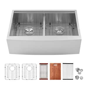 33 in. Farmhouse/Apron-Front Double Bowl 16 Gauge Stainless Steel Workstation Kitchen Sink with All Accessories