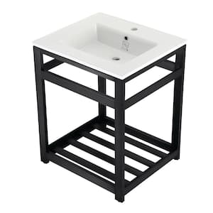 25 in. Ceramic Console Sink (1-Hole) with Stainless Steel Base in Matte Black