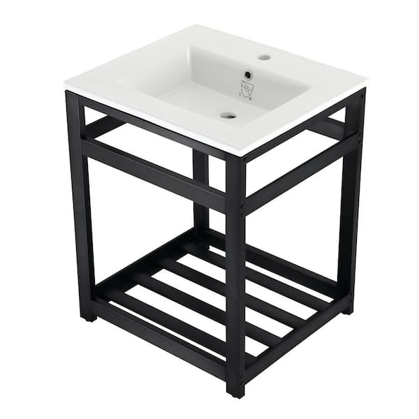 Kingston Brass 25 in. Ceramic Console Sink (1-Hole) with Stainless Steel Base in Matte Black