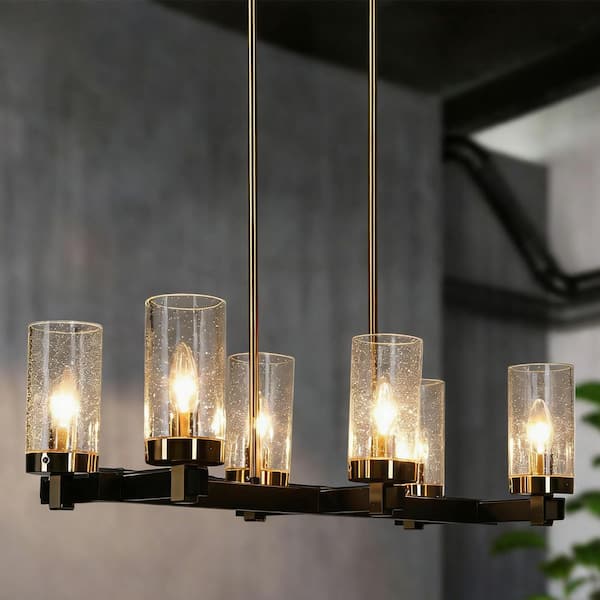 27 in. 6-Light Modern Black Chandelier, Farmhouse Chandelier with Seeded Glass Shade for Dining Room,Brass Pendant Light