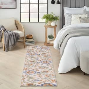 Aloha Ivory Blue 2 ft. x 6 ft. Floral Contemporary Indoor/Outdoor Area Rug