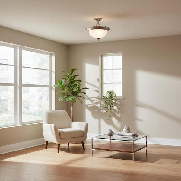 Dover 15.5 in. 3-Light Brushed Nickel Hallway Transitional Semi-Flush Mount Ceiling Light with Etched Seeded Glass