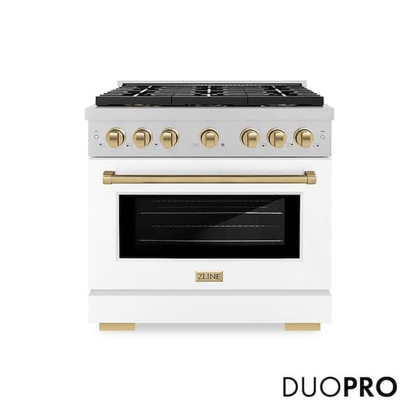 Autograph 36 in. 5.2 cu. ft. Dual Fuel Range with 6 Burner Cooktop in Satin Stainless Steel with White and Champagne