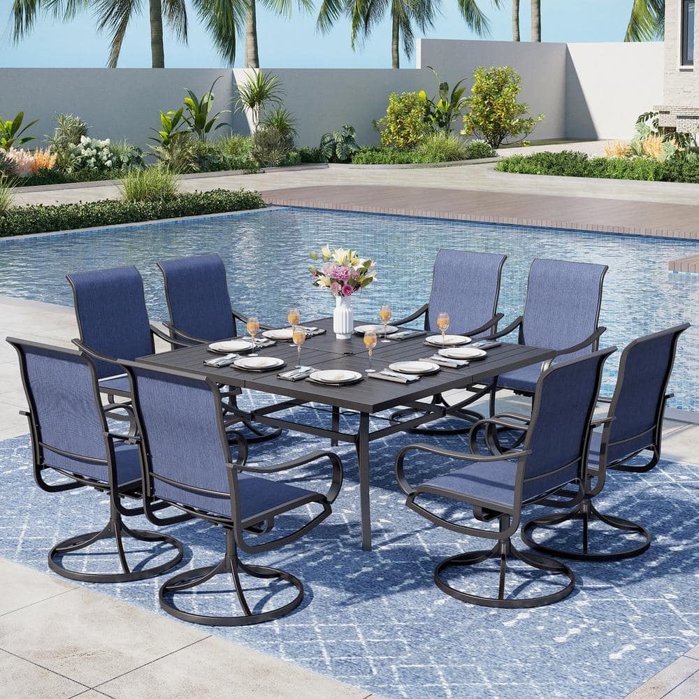 PHI VILLA Black 9-Piece Metal Patio Outdoor Dining Set with Slat