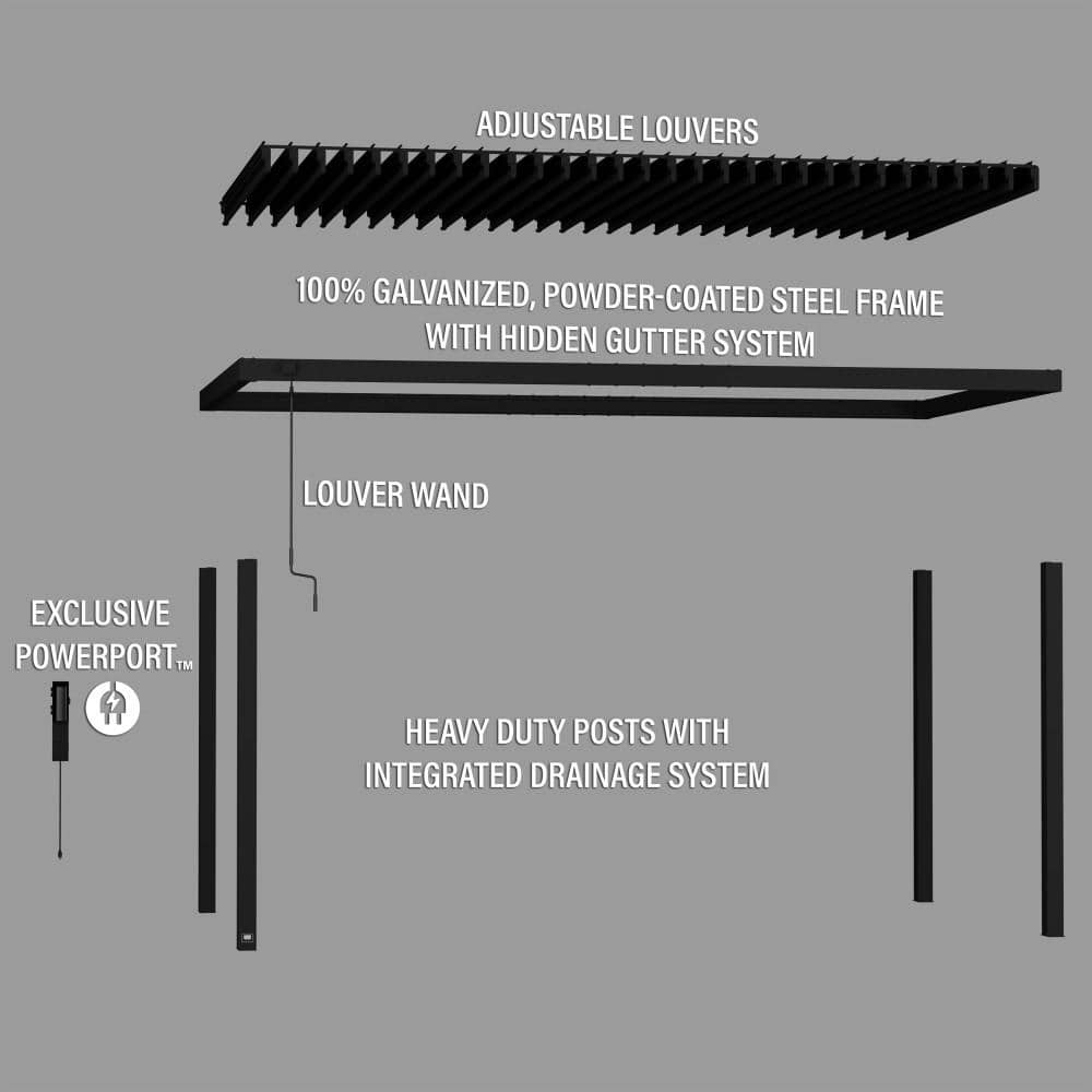 Sarasota Black Galvanized Steel Louvered Pergola with Adjustable Canopy