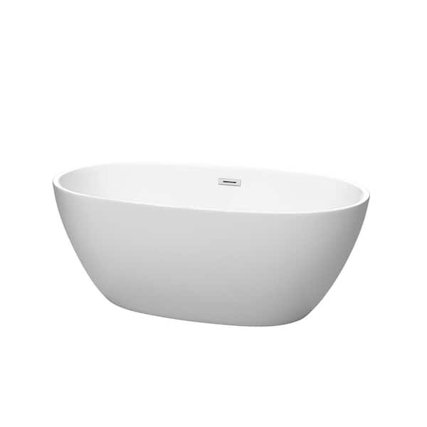 Wyndham Collection Juno 59 in. Acrylic Flatbottom Bathtub in Matte White with Polished Chrome Trim