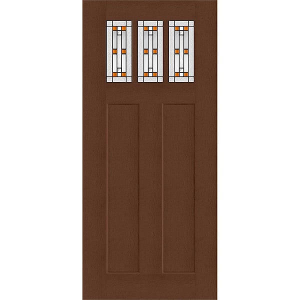 Regency 36 in. x 80 in. Universal Handing 3Lite Amberton Decorative Glass Chestnut Fir Grain Fiberglass Front Door Slab