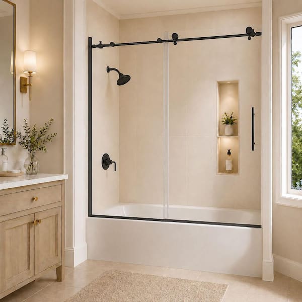 Nexus 60 in. W x 60 in. H Sliding Semi-Frameless Tub Door in Matte Black Finish with Clear Tempered Glass