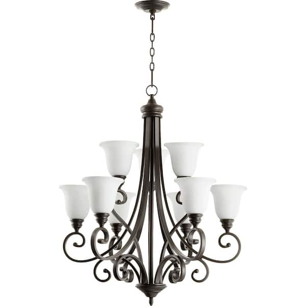 Quorum INTERNATIONAL Bryant 9-Light Oiled Bronze Chandelier with Satin Opal Glass