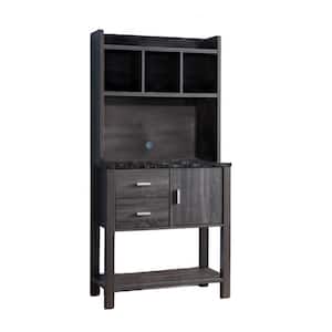 2-Toned Distressed Grey Baker's Rack Cabinet with Black Faux Marble Top, 2-Drawers and 4-Open Shelves