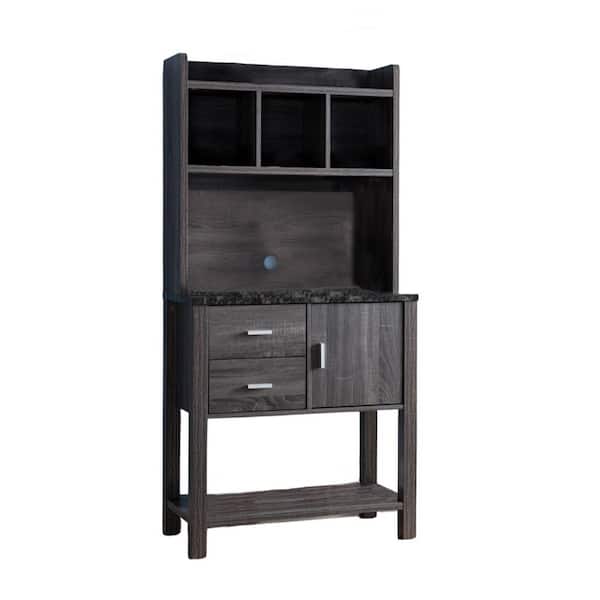 FC Design 2-Toned Distressed Grey Baker's Rack Cabinet with Black Faux Marble Top, 2-Drawers and 4-Open Shelves
