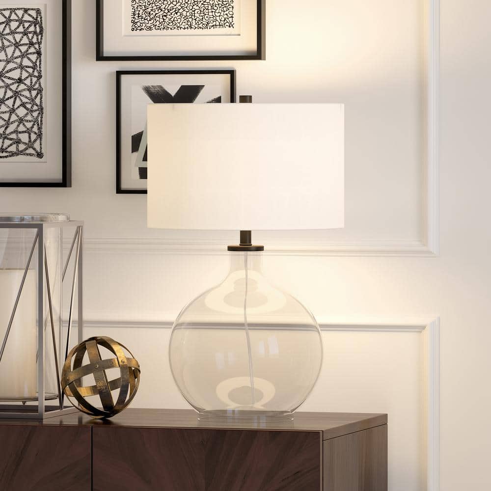 Clear Glass Nightstand Lamp with Bronze Accents and Linen Shade