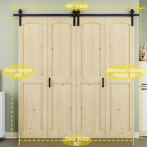 80 in. x 84 in. Paneled H Shape Solid Pine Wood Unfished Bi-fold Sliding Barn Door with Hardware Kit and Handle