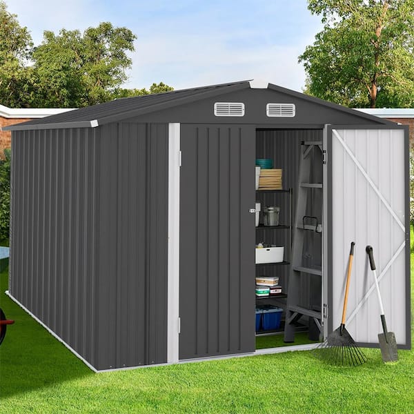 BTMWAY 10 ft. W x 8 ft. D Large Outdoor Metal Storage Shed Galvanized Steel Garden Shed with Lockable Double Doors (80 sq. ft.)