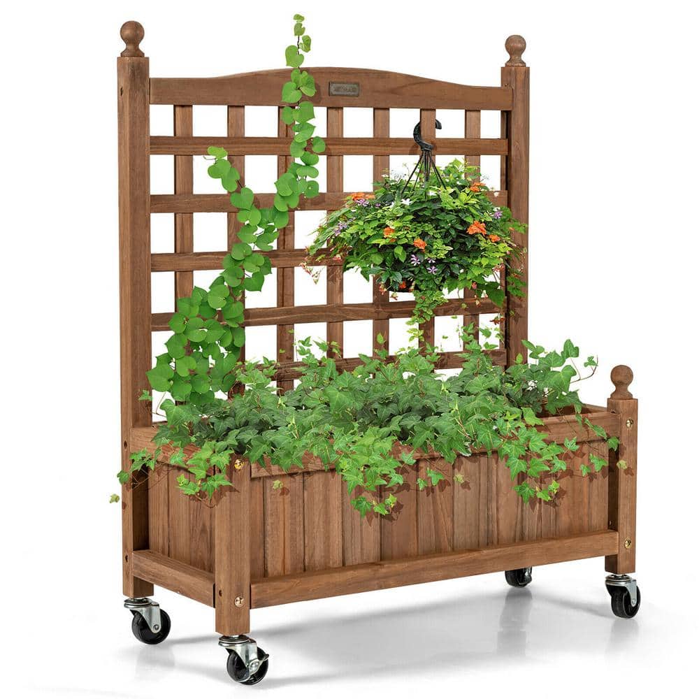 Natural Fir Wood Planter Box with Trellis and Wheels